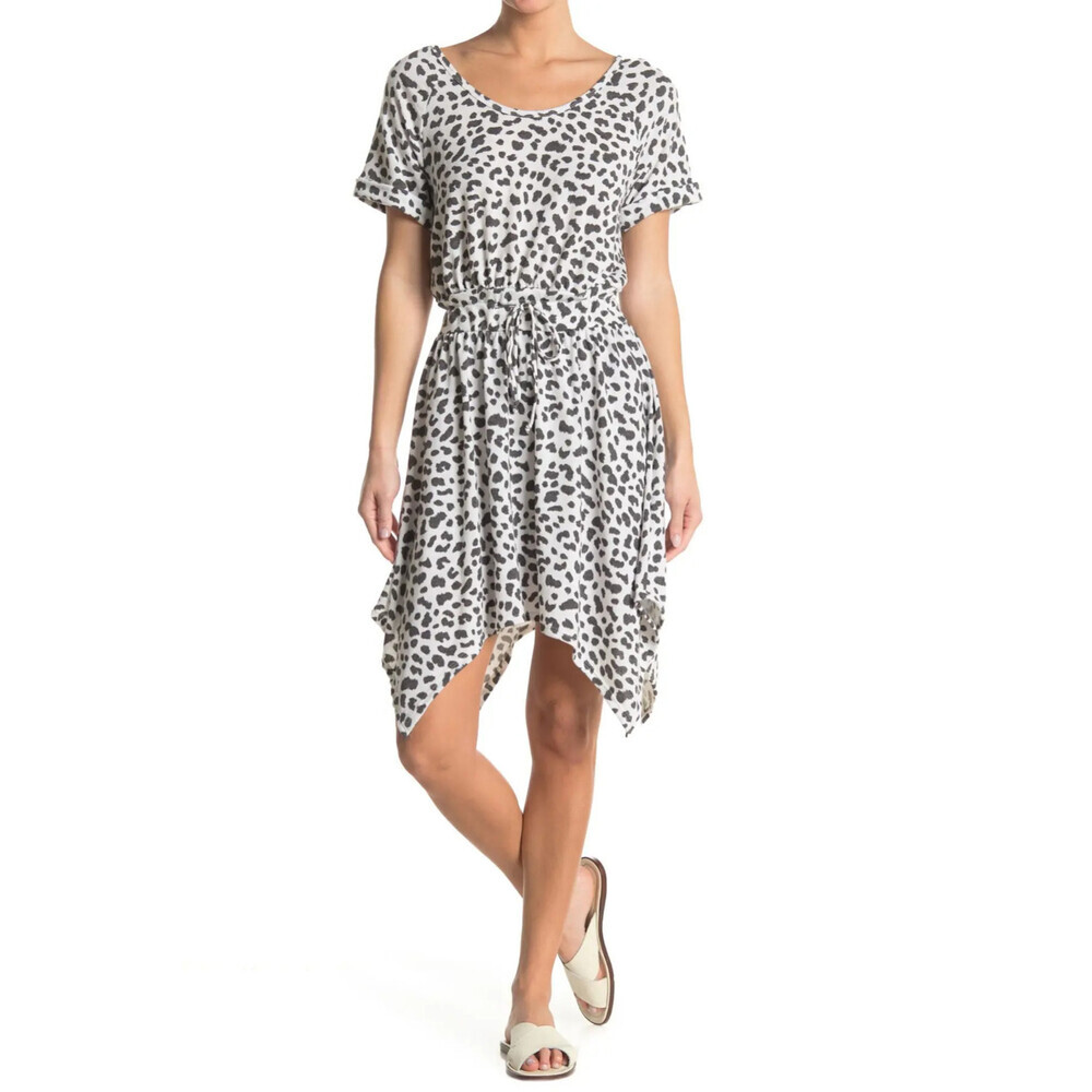 Susina Short Sleeve Leopard Print Tie Waist Dress In Off White Black Leopard S